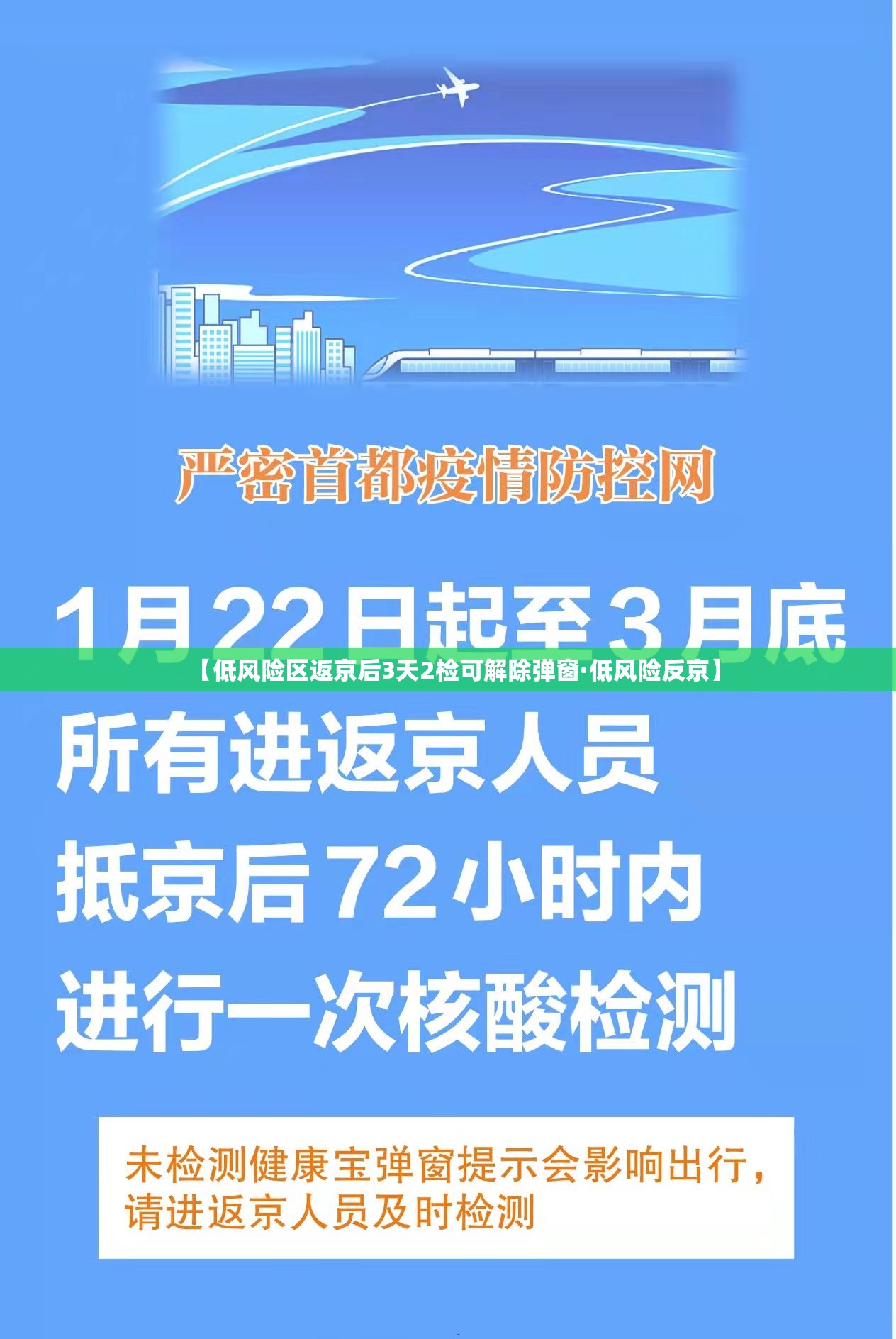 【低风险区返京后3天2检可解除弹窗·低风险反京】